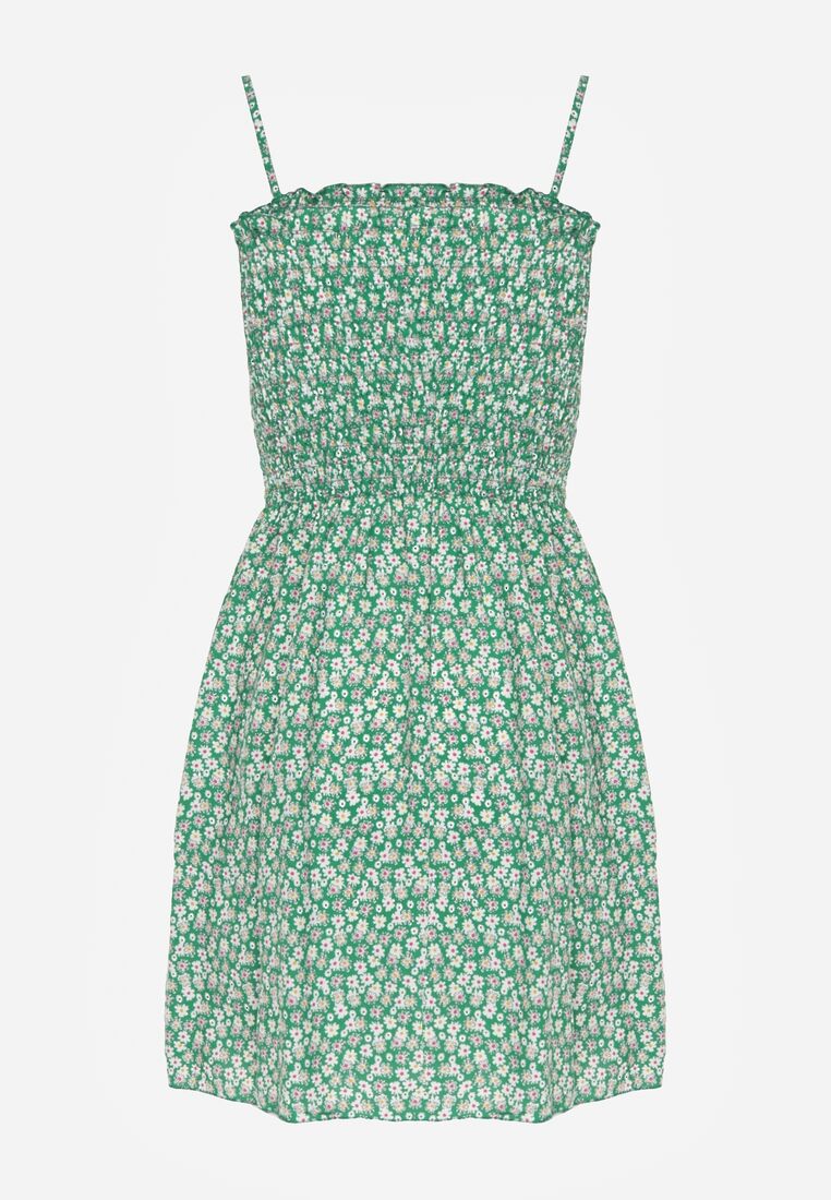 Rochie verde din bumbac cu bretele cu evazată și partea de sus încrețită Risetto 7