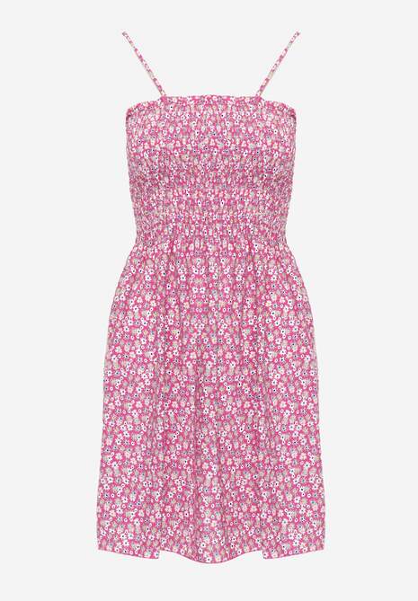 Fuksjowa Sukienka z Bawełny na Ramiączkach z Rozkloszowaniem i Marszczoną Górą Risetto 6