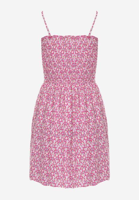 Fuksjowa Sukienka z Bawełny na Ramiączkach z Rozkloszowaniem i Marszczoną Górą Risetto 7