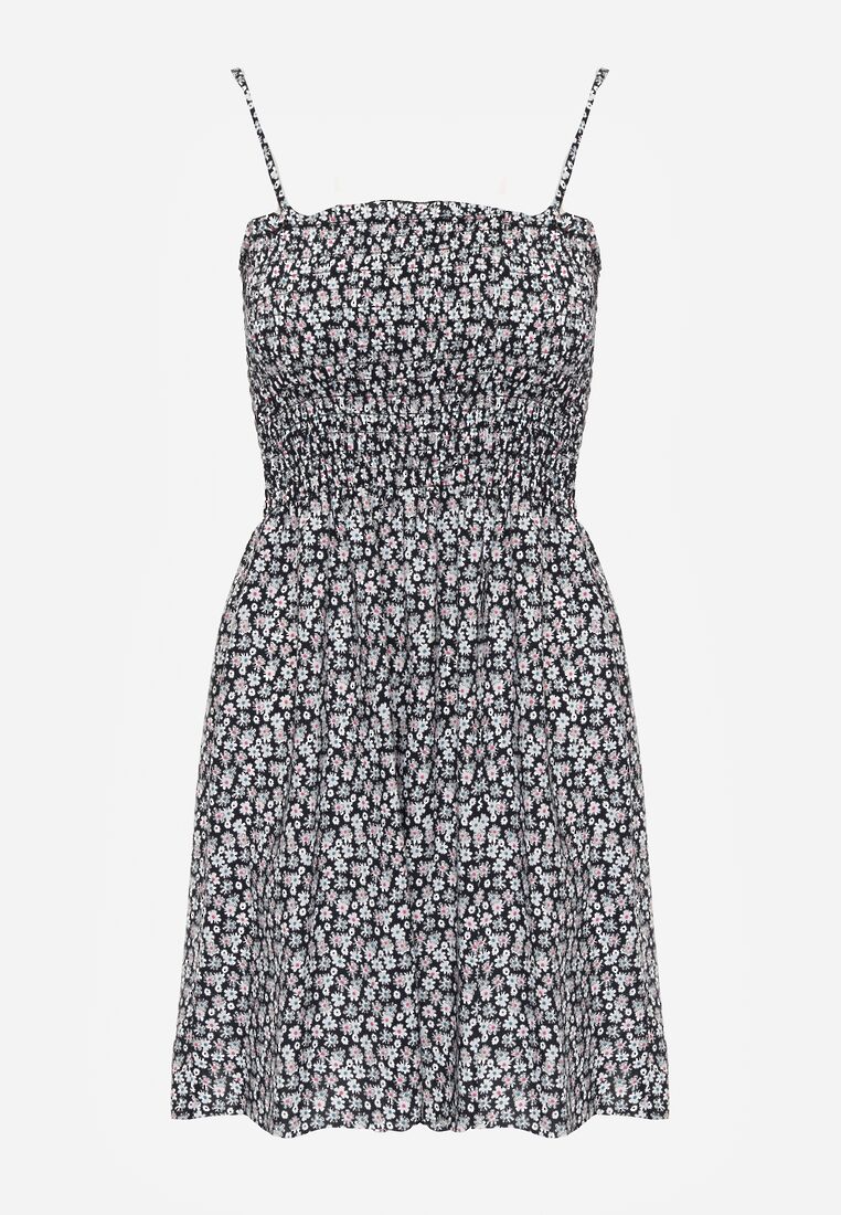 Czarno-Biała Sukienka z Bawełny na Ramiączkach z Rozkloszowaniem i Marszczoną Górą Risetto 6