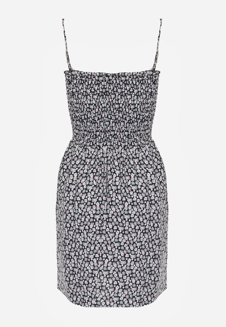 Czarno-Biała Sukienka z Bawełny na Ramiączkach z Rozkloszowaniem i Marszczoną Górą Risetto 7