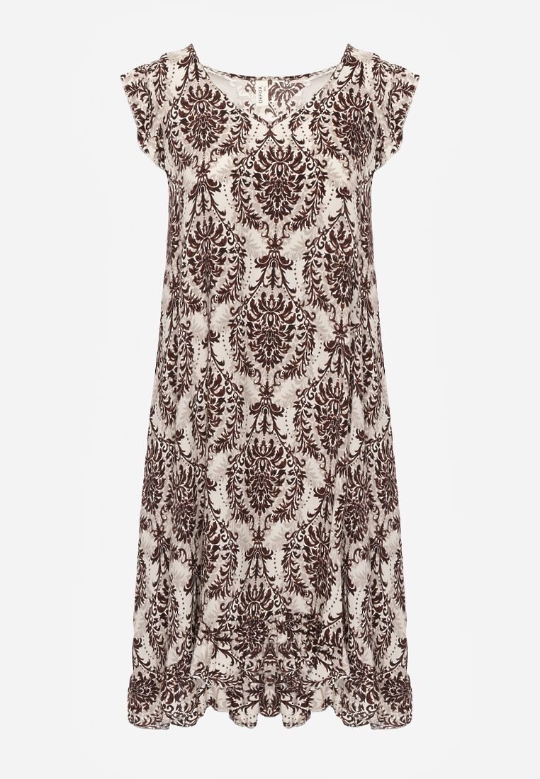 Brązowo-Beżowa Boho Sukienka z Bawełny na Ramiączkach Ozdobiona Falbanką Testalaya 6
