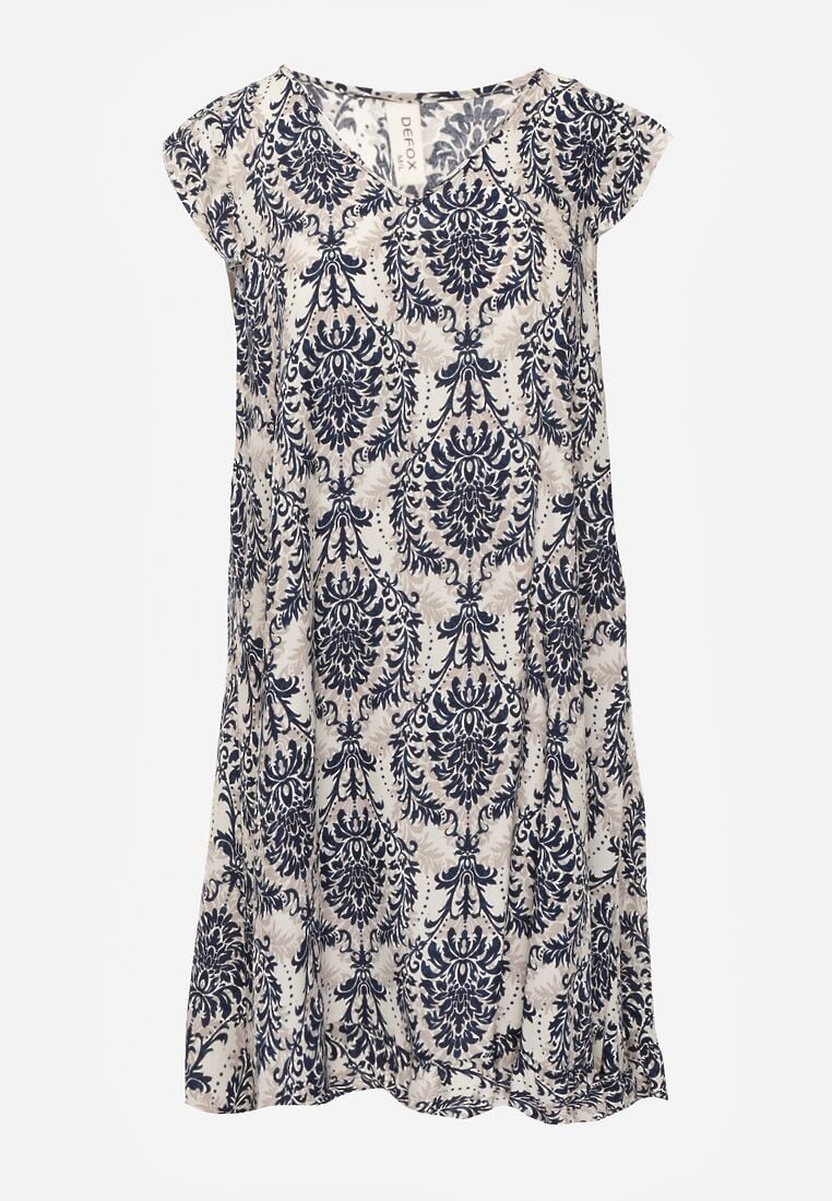 Granatowo-Beżowa Boho Sukienka z Bawełny na Ramiączkach Ozdobiona Falbanką Testalaya 6