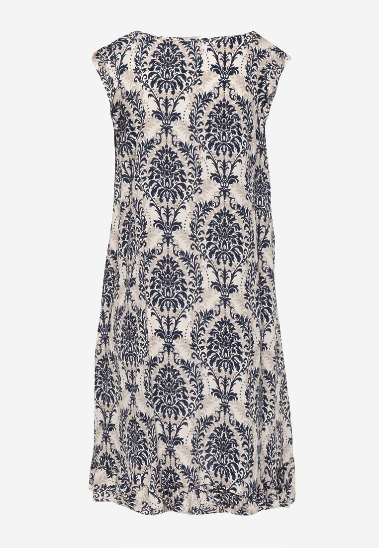 Granatowo-Beżowa Boho Sukienka z Bawełny na Ramiączkach Ozdobiona Falbanką Testalaya 7