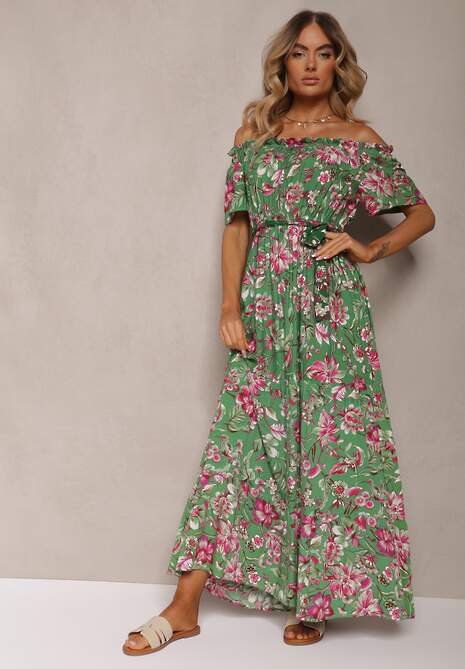 Rochie Spaniolă din Bumbac Verde-Roz cu Talie Legată în Model Floral Risarrae 4
