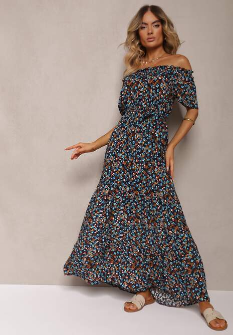 Granatowa Bawełniana Sukienka Hiszpanka w Kwiatowy Print Rissamond