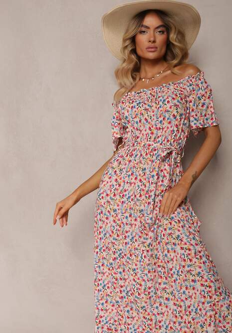 Rochie din Bumbac Alb-Roz cu Volane și Imprimeu Floral Rissamond 4