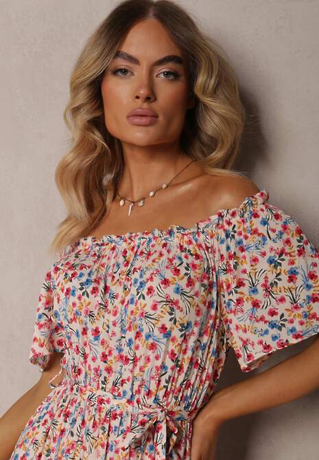 Rochie din Bumbac Alb-Roz cu Volane și Imprimeu Floral Rissamond 5