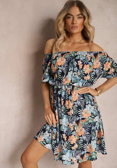 Rochie bleumarin din bumbac cu print floral Dimizama 4