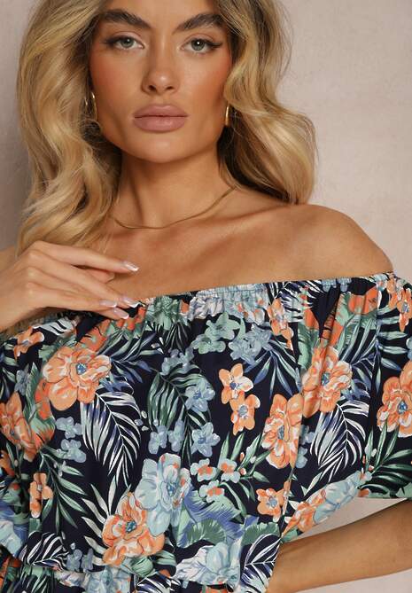 Rochie bleumarin din bumbac cu print floral Dimizama 5