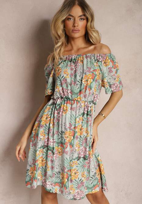 Rochie Albastru-Portocaliu din Bumbac cu Imprimeu Floral Dimizama 4