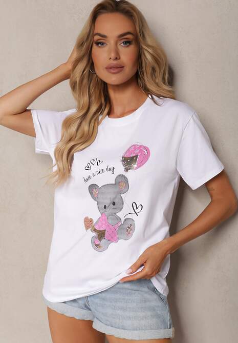 Tricou din Bumbac Alb-Roz cu Mânecă Scurtă și Imprimeu Risaette 4