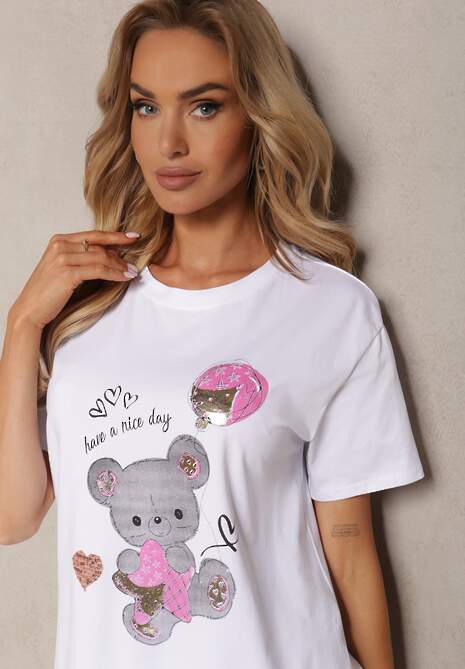 Tricou din Bumbac Alb-Roz cu Mânecă Scurtă și Imprimeu Risaette 5