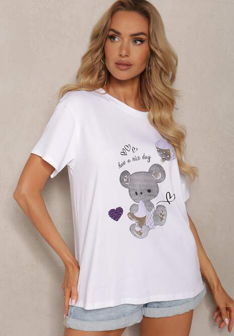 Tricou din Bumbac cu Mânecă Scurtă și Imprimeu Risaette Alb-Violet 4