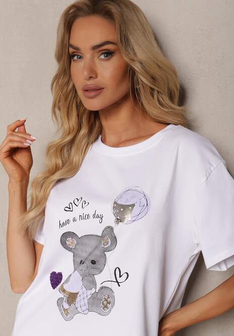 Tricou din Bumbac cu Mânecă Scurtă și Imprimeu Risaette Alb-Violet 5