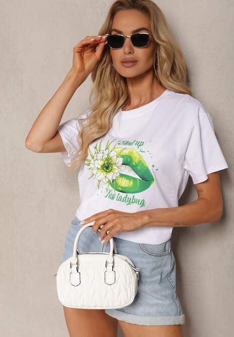 Biało-Zielony Bawełniany T-shirt Koszulka z Krótkim Rękawem i Nadrukiem Gravilla