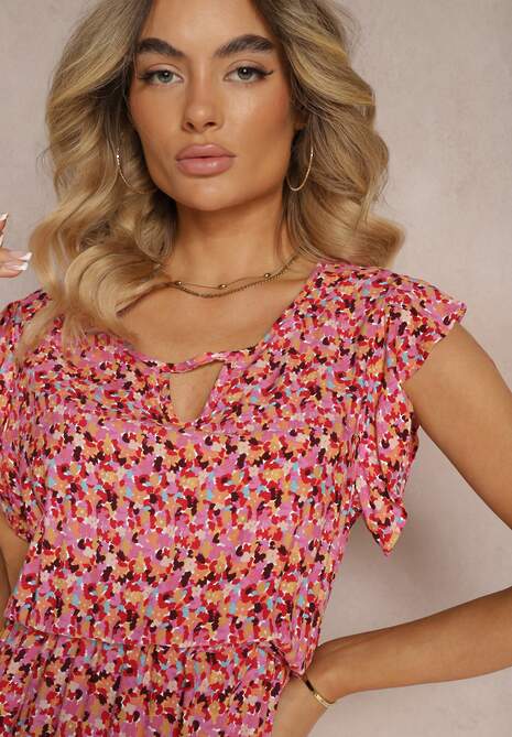 Rochie Roz din Bumbac cu Elastic în Talie și Volan Dimllea 5