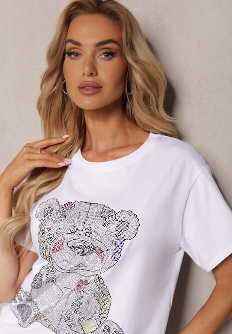 Biały T-shirt z Bawełny Ozdobiony Cyrkoniami Indilla 5