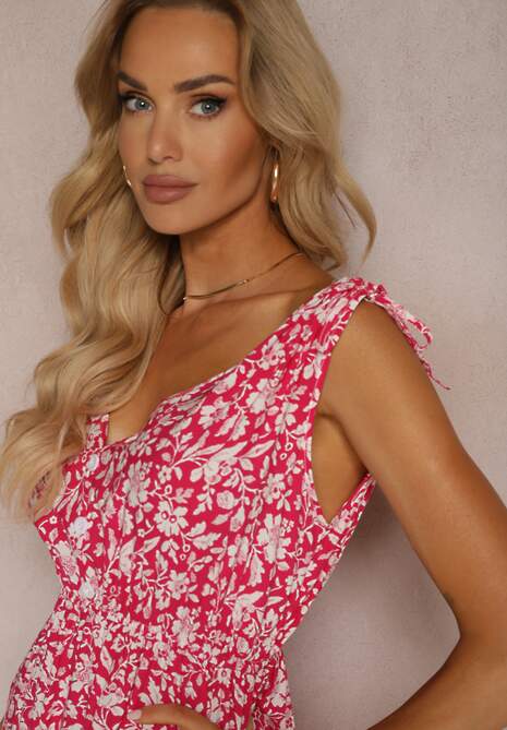 Rochie Fucsia din Bumbac cu Bretele Groase cu Elastic în Talie Încheiată cu Nasturi Tessri 5