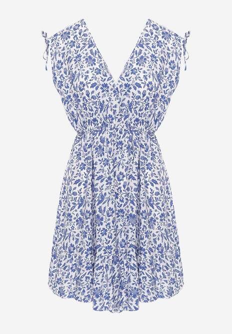 Niebiesko-Biała Sukienka Bawełniana na Grubych Ramiączkach z Gumką w Pasie Zapinana na Guziki Tessri 6