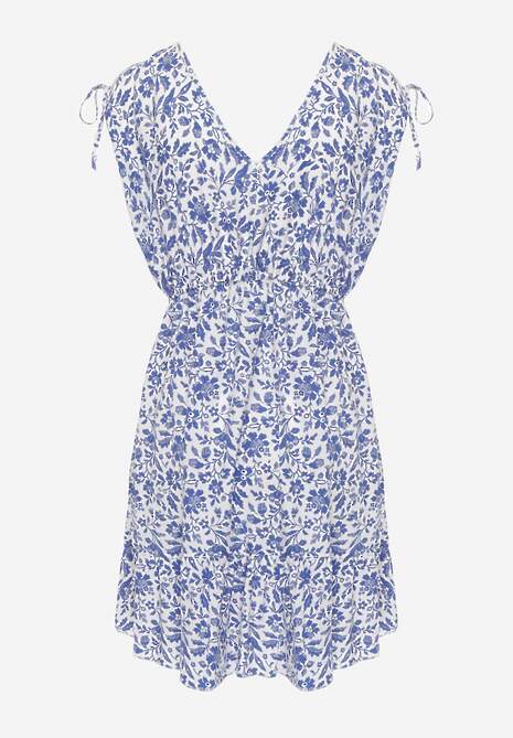 Niebiesko-Biała Sukienka Bawełniana na Grubych Ramiączkach z Gumką w Pasie Zapinana na Guziki Tessri 7