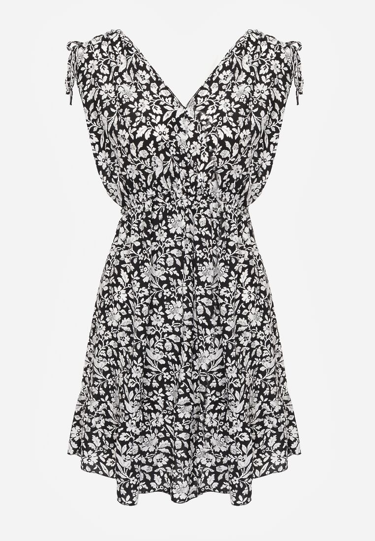 Czarno-Biała Sukienka Bawełniana na Grubych Ramiączkach z Gumką w Pasie Zapinana na Guziki Tessri 6