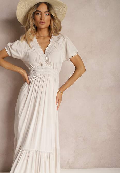 Rochie bej deschis Boho din bumbac cu croială înfășurată Rissatina 4
