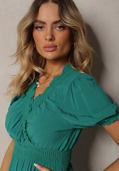 Rochie Verde Închis Boho din Bumbac cu Decolteu Petrecut Rissatina 5