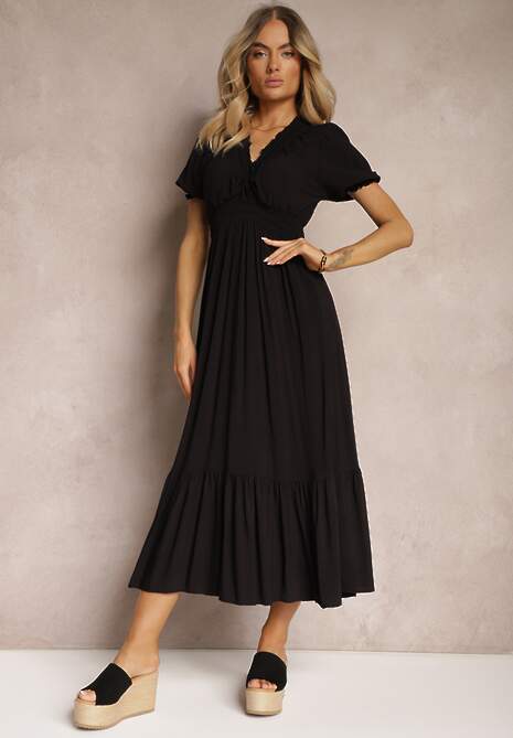 Rochie neagră Boho din bumbac cu croială înfășurată Rissatina 4