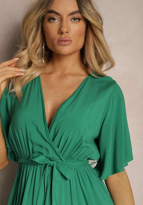 Zielona Bawełniana Kopertowa Sukienka z Paskiem i Gumką w Talii Ozdobiona Falbanką Krisan 5