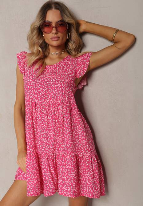 Fuksjowa Rozkloszowana Sukienka z Bawełny Ozdobiona Falbanką Crisandra 4