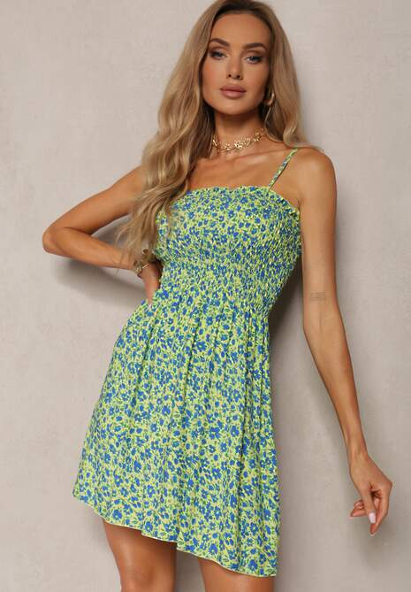 Rochie verde deschis din bumbac cu bretele subțiri și elastic în talie Tessinia 4