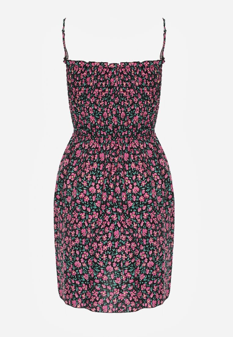 Czarno-Różowa Sukienka z Bawełny na Cienkich Ramiączkach z Gumką w Talii Tessinia 7