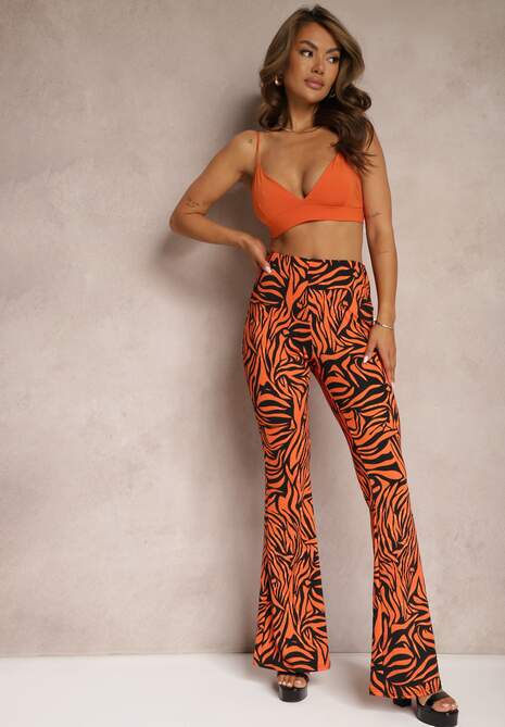 Pomarańczowo-Czarne Spodnie Dzwony High Waist z Gumką w Pasie we Wzór Zebry Vikollia 4
