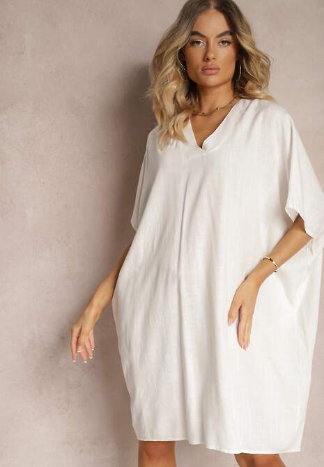 Rochie Albă Clopot din Bumbac cu Mânecă Scurtă și Decolteu Triunghiular Vikana 4