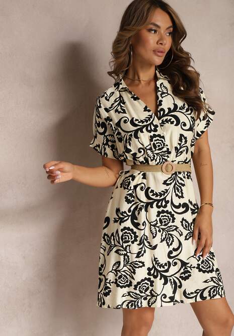 Bej-Negru Rochie Boho Cămașă Decolteu Triunghiular Model Ornamental Tonetta 4