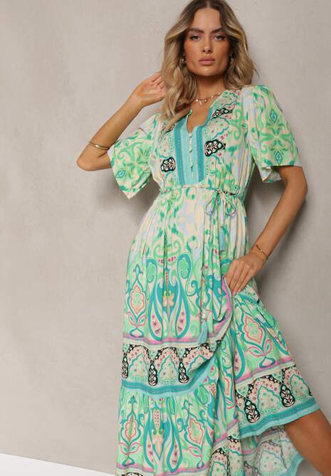 Rochie verde boho din viscoză cu nasturi decorativi și curea subțire în talie Dimosia 4