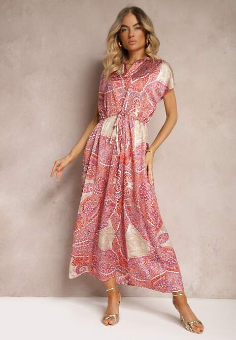 Różowo-Beżowa Sukienka Boho o Rozkloszowanym Kroju Ściągana w Talii Dimirrah