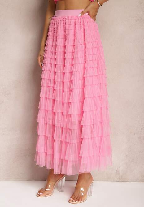 Fustă Roz Tulle cu Elastic în Talie Decorată cu Volane Missalisha 4