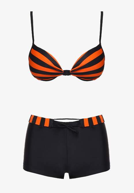 Bikini Portocaliu-Negru Sutien Cu Cupe Buretate Slip Tip Şort Cu Şnur Jomefia 5