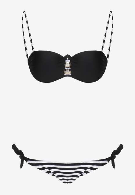 Bikini Negru din Două Piese Sutien Ornat cu Nasturi Slip Tip Figi cu Șnururi Vikkiri 5