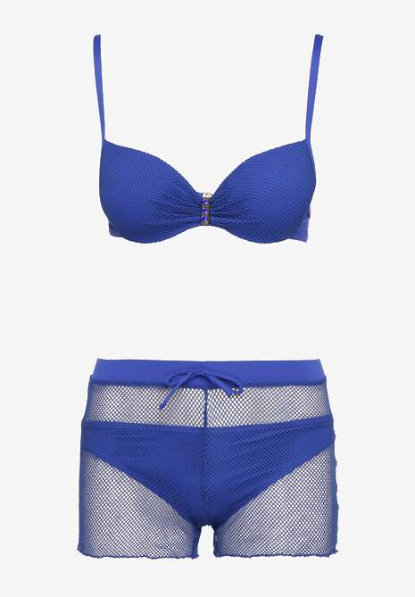 Granatowe Bikini Biustonosz z Efektem Push-Up Majtki Figi Szorty z Gumką w Pasie z Siateczki Vikkori 5