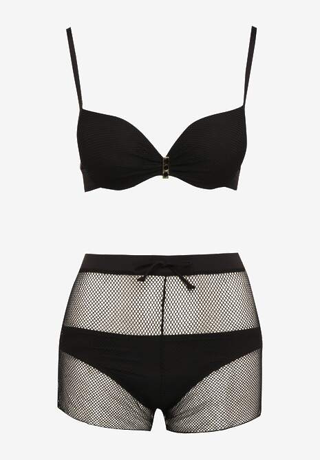 Bikini Negru Sutien Push-Up Slip Chiloți Scurți cu Elastic în Talie din Plasă Vikkori 5