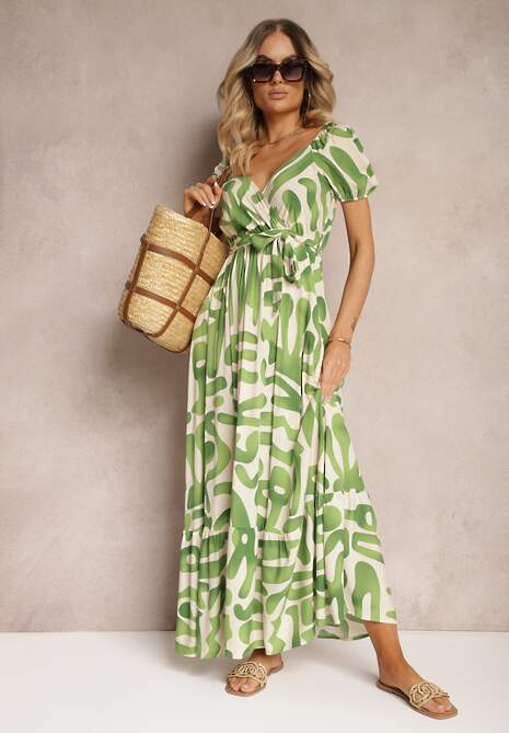 Zielona Sukienka z Wiskozy z Trójkątnym Dekoltem i Gumką w Pasie z Materiałowym Paskiem Viketa