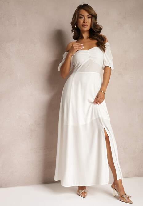 Biała Sukienka Wieczorowa z Hiszpańskim Dekoltem i Rozcięciem Vikiya