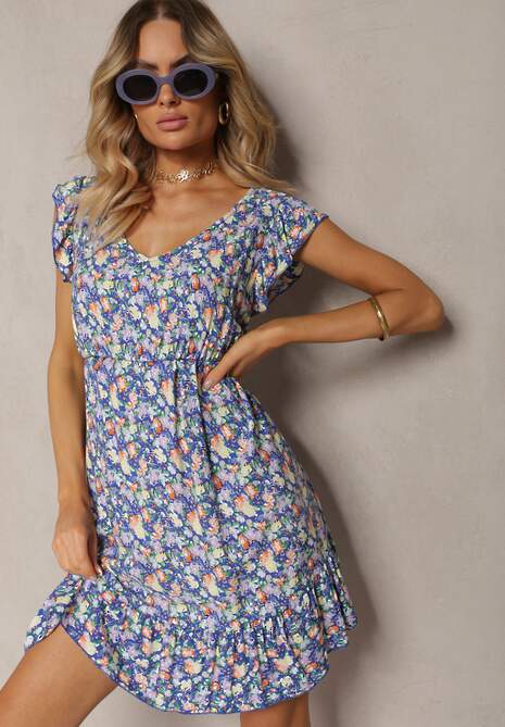 Rochie albastră de bumbac cu elastic în talie și decolteu în V Delletta 4