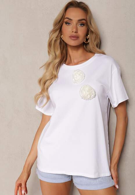 Tricou din Bumbac Alb cu Aplicație Florală Decorativă Risabelle 4