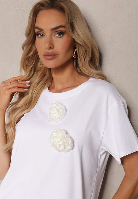 Tricou din Bumbac Alb cu Aplicație Florală Decorativă Risabelle 5