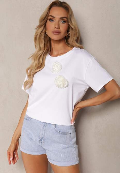 Biały Bawełniany T-shirt z Ozdobną Aplikacją Kwiatu Risabelle