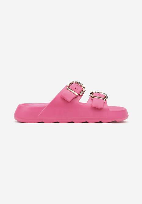 Papuci fucsia cu talpă joasă cu barete decorative și catarame metalice Missalori 4